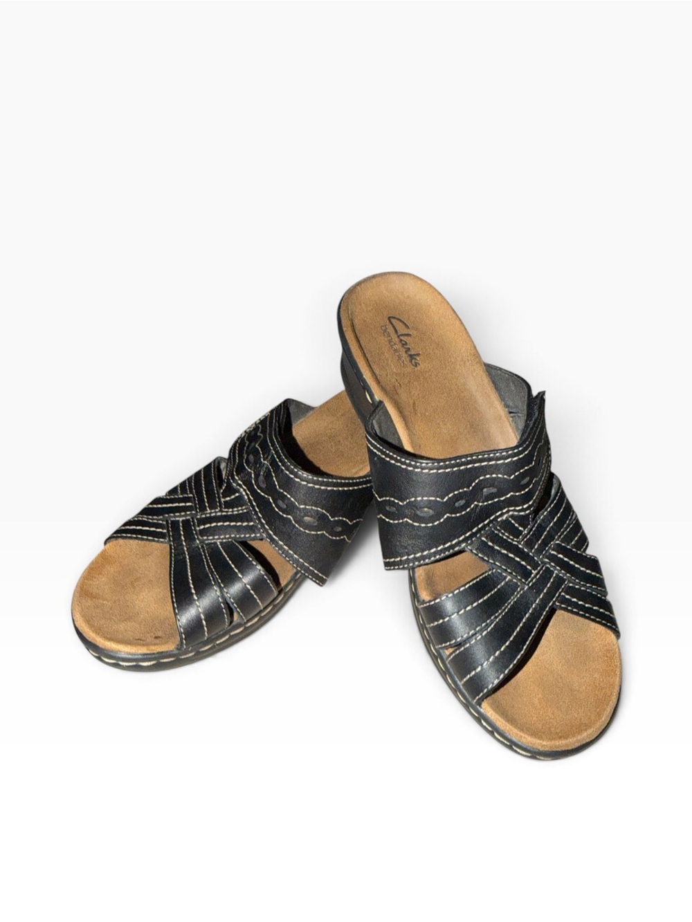 Clarks Black Leather Crisscross Slide Mules